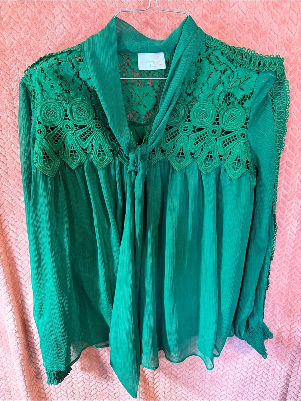 Champagne & Strawberry : Green Lace Tie-Neck Blouse